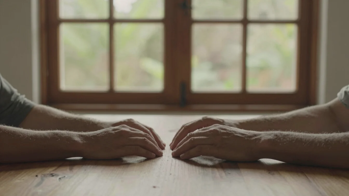 Manos entrelazadas sobre una mesa de madera con luz natural, simb