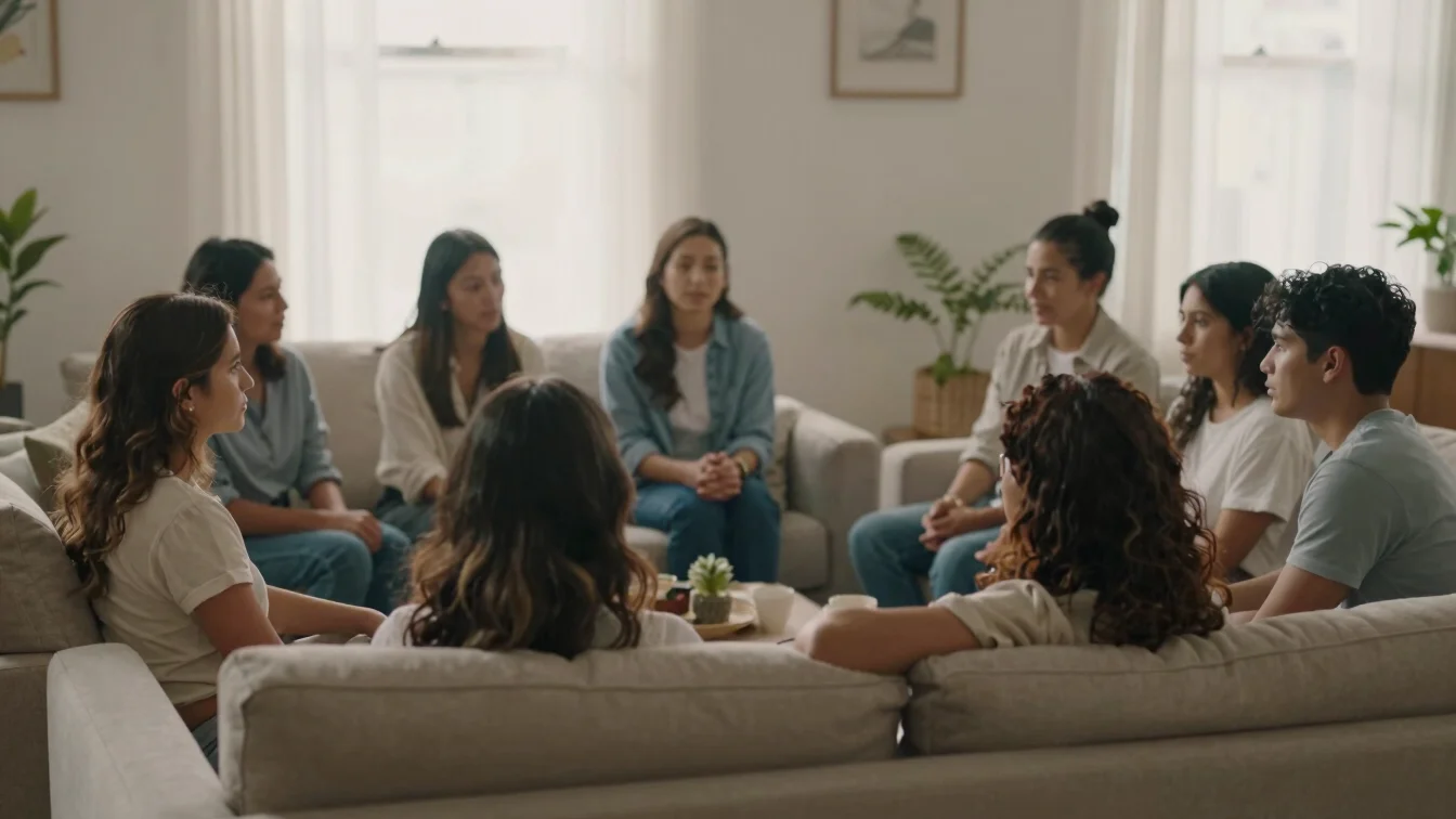 Grupo de personas sentadas en un sofá, con miradas empáticas, en