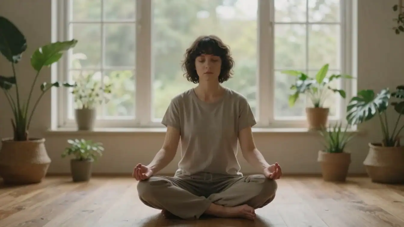 A person meditating in a serene, sunlit room, surrounded by plant