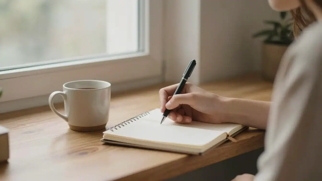 A person journaling or writing in a notebook with a warm cup besi